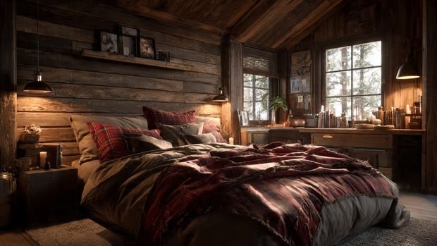 Rustic Cabin Interiors: Cozy, Natural & Timeless Home Design Inspiration 8 Rustic cabin bedroom with wooden walls and warm layered bedding.