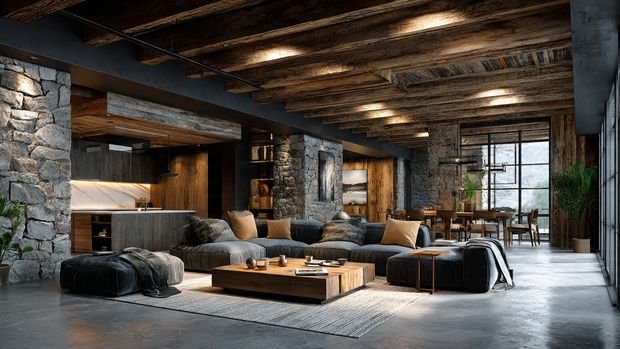 Rustic Cabin Interiors: Cozy, Natural & Timeless Home Design Inspiration 11 Rustic-meets-modern interior blending wood, stone, and sleek furniture.