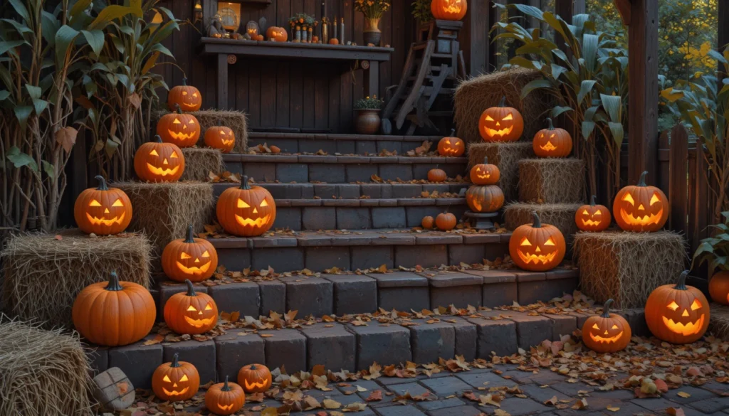 Classic Halloween pumpkin display with glowing jack-o’-lanterns and fall decor.