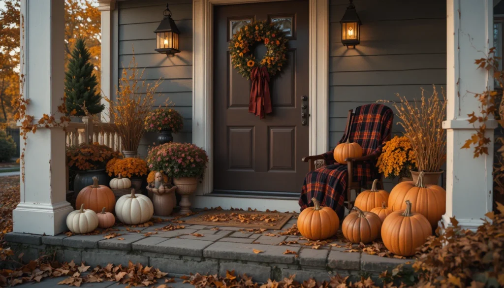 Cozy autumn porch decor with pumpkins, candles, and fall leaves.