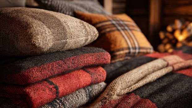 Rustic Cabin Interiors: Cozy, Natural & Timeless Home Design Inspiration 4 Cozy rustic cabin textiles with layered blankets and knitted cushions for warmth.
