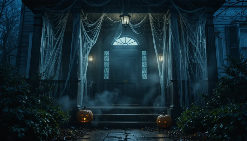 Spooky Halloween entrance with cobwebs, lanterns, and foggy atmosphere.