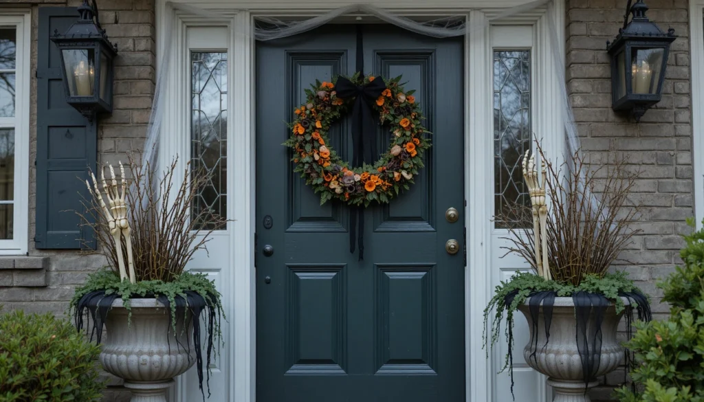 Creepy Halloween front door decor with cobwebs and skeleton details.