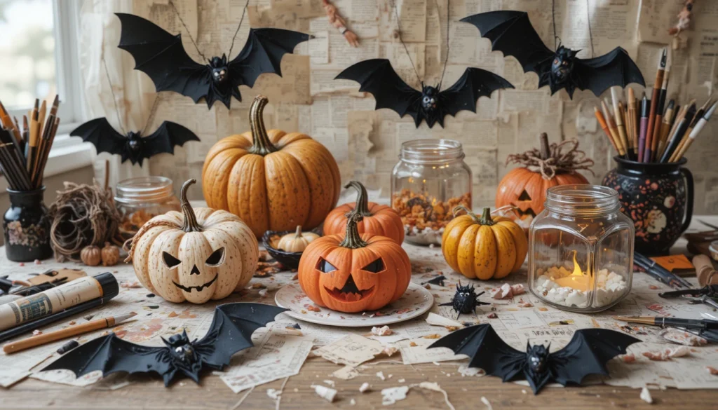 DIY Halloween crafts table with handmade bats and painted pumpkins.