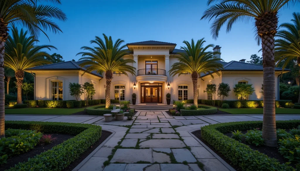 10+Luxury Contemporary House Front Ideas 7 Elegant landscaping with palm trees, stone path, and accent lighting enhancing luxury home front.