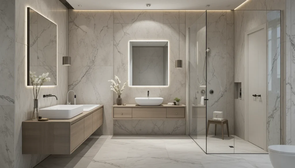 Luxury Bathroom & Shower Design Ideas 2 Modern minimalist bathroom with clean lines and floating vanity.