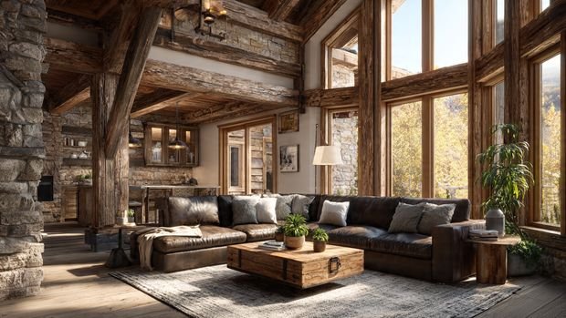 Rustic Cabin Interiors: Cozy, Natural & Timeless Home Design Inspiration 2 Rustic cabin interior showcasing natural materials such as wood, stone, and leather.