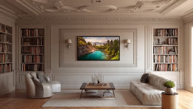 Framed TV wall design with decorative molding in a modern living room.