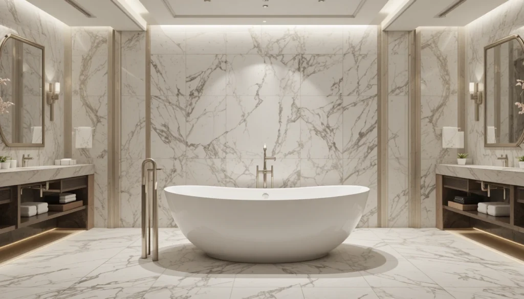 Luxury Bathroom & Shower Design Ideas 4 Freestanding bathtub as a statement piece in a modern luxury bathroom.