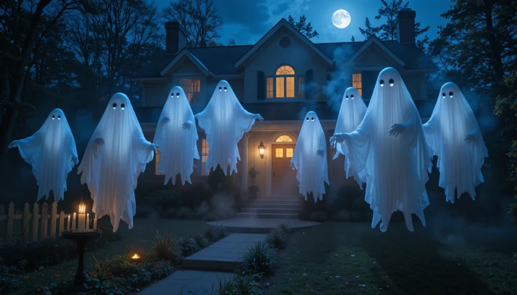 Ghostly yard display with floating sheet ghosts and eerie moonlit fog.