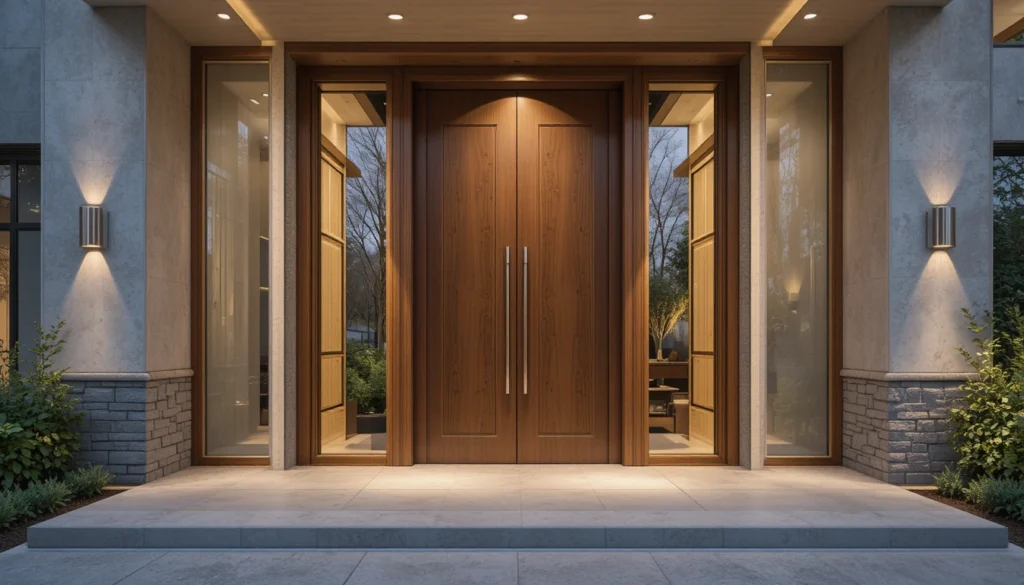 10+Luxury Contemporary House Front Ideas 4 Image Alt Text: Grand entrance door design with large wooden pivot door and glass framing in a modern luxury house front.