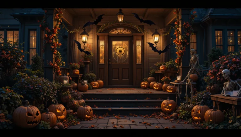 Halloween porch and outdoor decorations with pumpkins, lanterns, and spooky props under warm glowing lights.