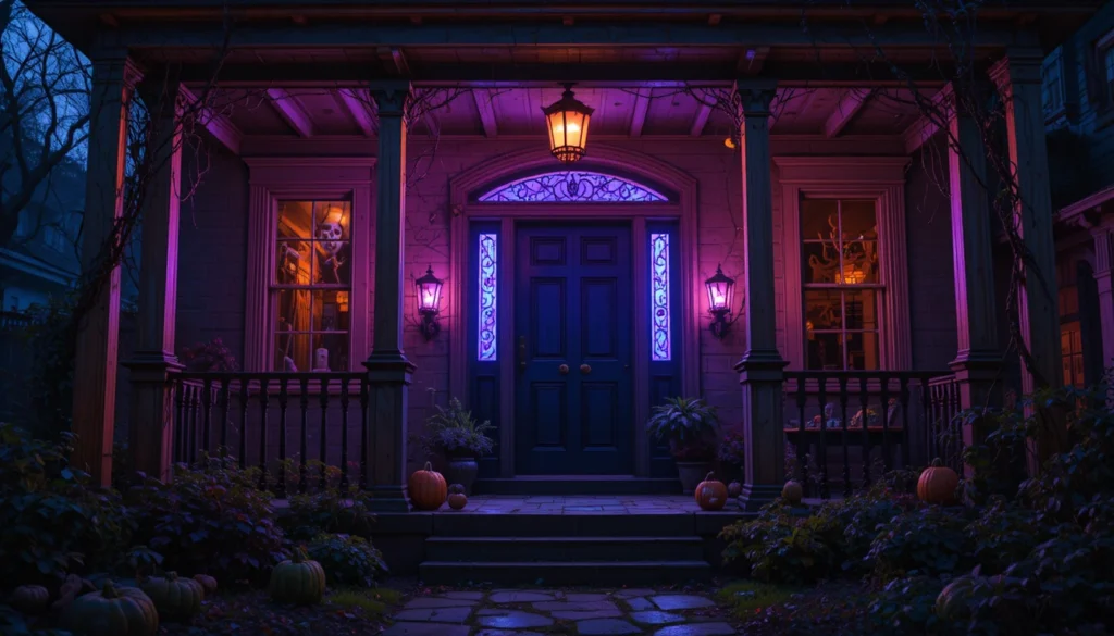 Haunted porch lighting with eerie orange and purple glow creating spooky atmosphere.