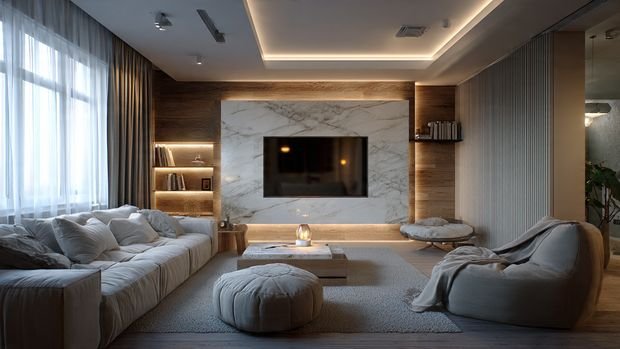 Hidden TV behind sliding wall panels in a sleek, modern living room.