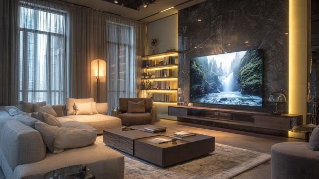 Modern TV wall with LED backlighting that adds soft ambient glow to the living room.