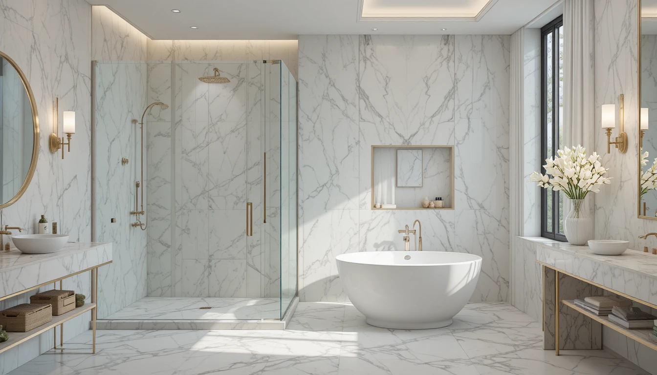 Luxury bathroom and shower design with marble finishes, glass enclosure, and freestanding tub.