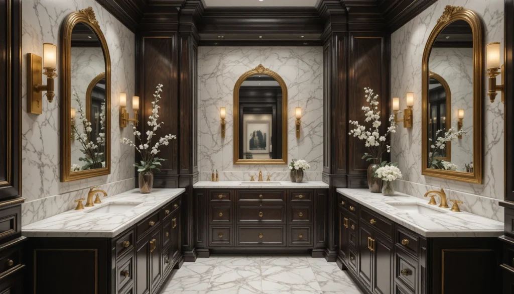 Luxury Bathroom & Shower Design Ideas 11 Luxury vanity with custom storage, marble countertop, and gold fixtures.