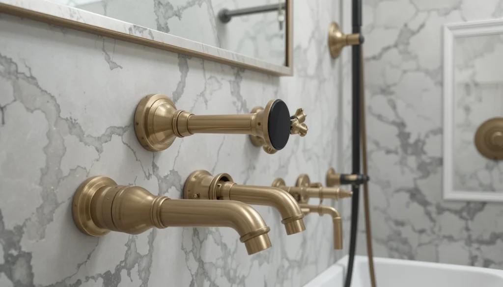Luxury Bathroom & Shower Design Ideas 7 Metallic fixtures and hardware in luxury bathroom featuring gold and chrome finishes.