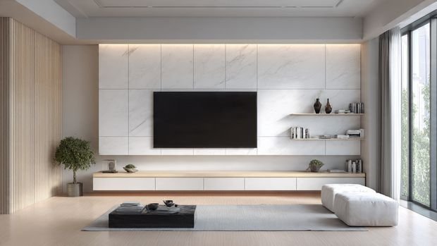 Minimalist floating TV wall with sleek white panels and hidden cables for a modern look.