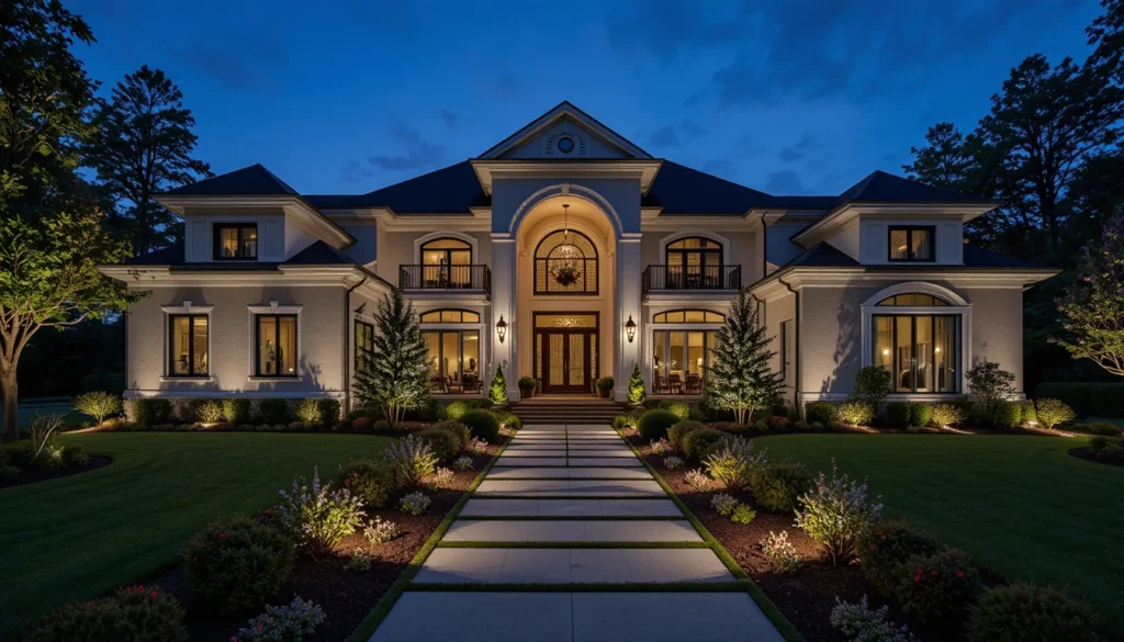 10+Luxury Contemporary House Front Ideas 5 Image Alt Text: Modern lighting highlighting luxury house exterior features and creating elegant nighttime appeal.