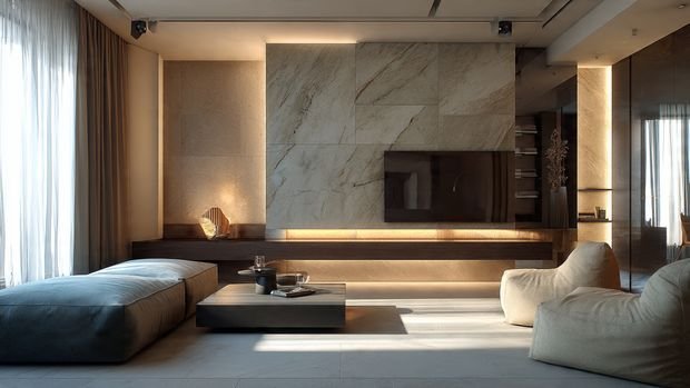 Modern living room with a stylish TV wall design featuring sleek lines, built-in lighting, and contemporary decor.