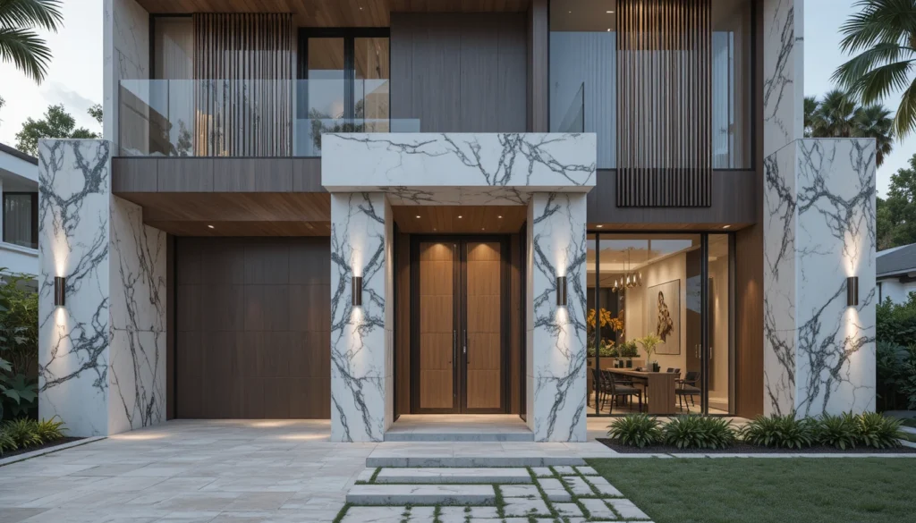 10+Luxury Contemporary House Front Ideas 3 Luxurious house facade made with premium materials including marble, wood, and metal for a refined modern exterior.