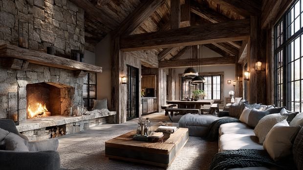 Rustic cabin interior with cozy wood finishes, stone fireplace, and timeless natural decor.