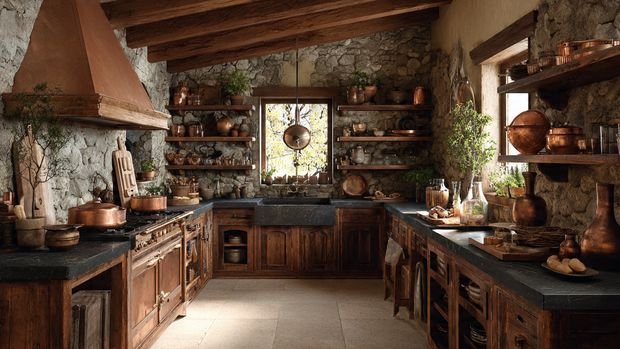 Rustic Cabin Interiors: Cozy, Natural & Timeless Home Design Inspiration 7 Rustic kitchen with wooden cabinets, stone counters, and vintage cookware.