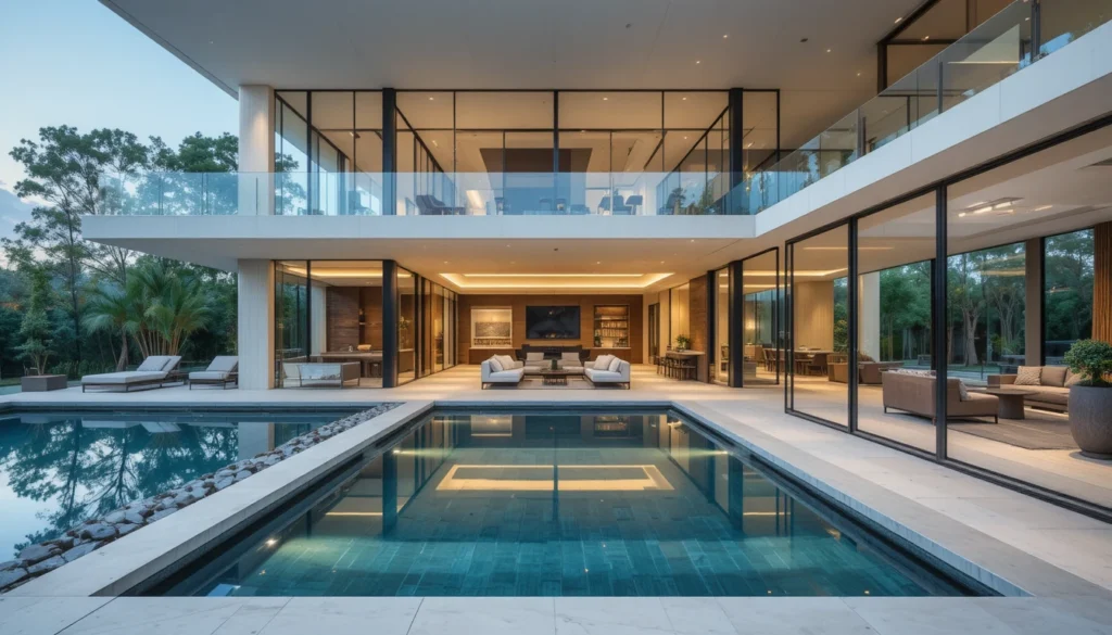 10+Luxury Contemporary House Front Ideas 6 Image Alt Text: Contemporary home with seamless indoor-outdoor connection through glass walls and open design.