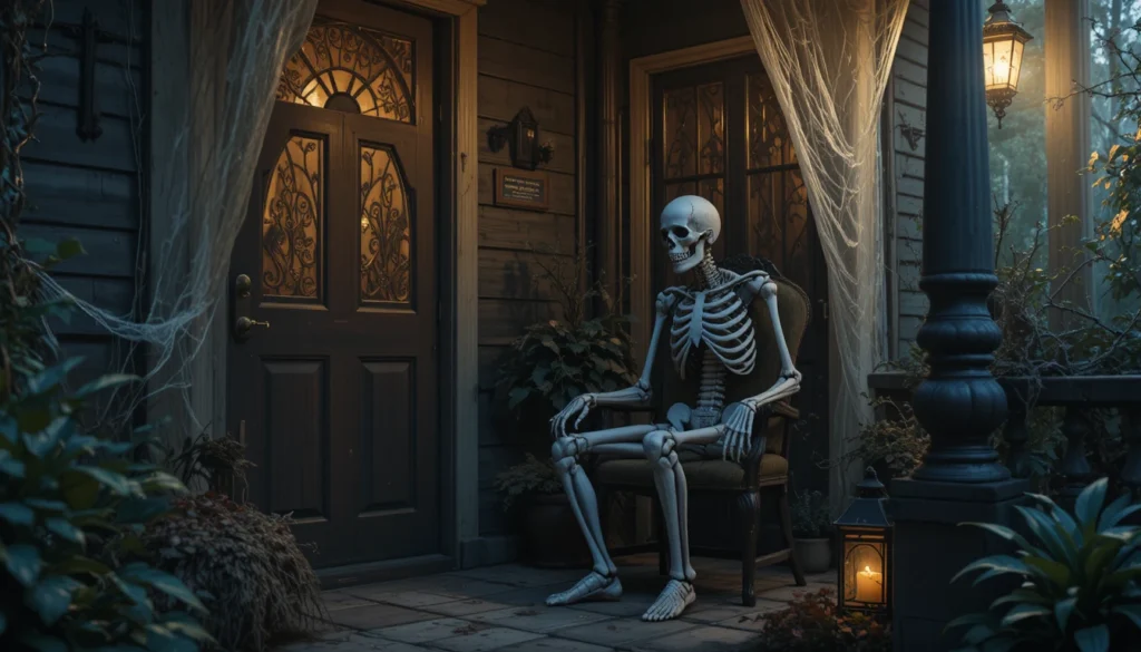 Skeleton and spider Halloween corner decor with cobwebs and lanterns.