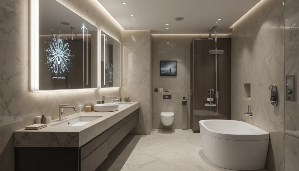 Luxury Bathroom & Shower Design Ideas 8 Smart bathroom technology with digital shower controls and motion faucets.