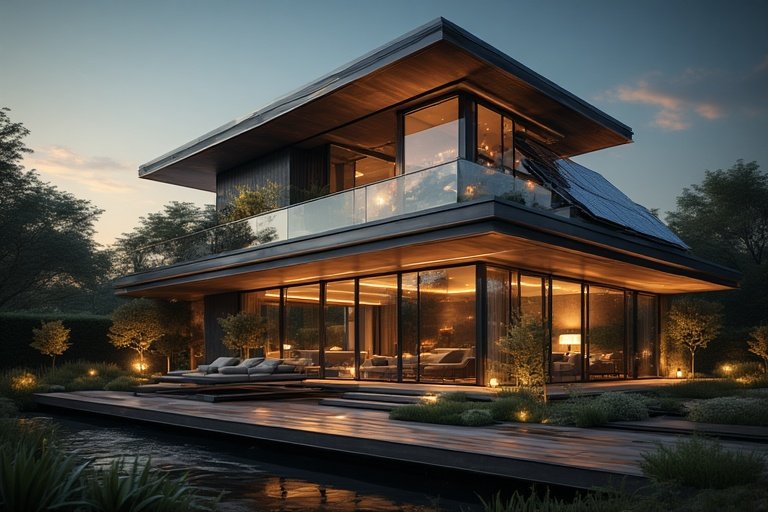 10+Luxury Contemporary House Front Ideas 12 Smart and sustainable luxury house exterior featuring solar panels and modern eco-friendly design.