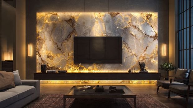 TV wall with marble or stone accent, warm lighting, and modern decor.
