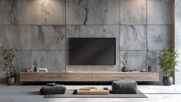 Modern TV wall with textured concrete finish and industrial-inspired style.