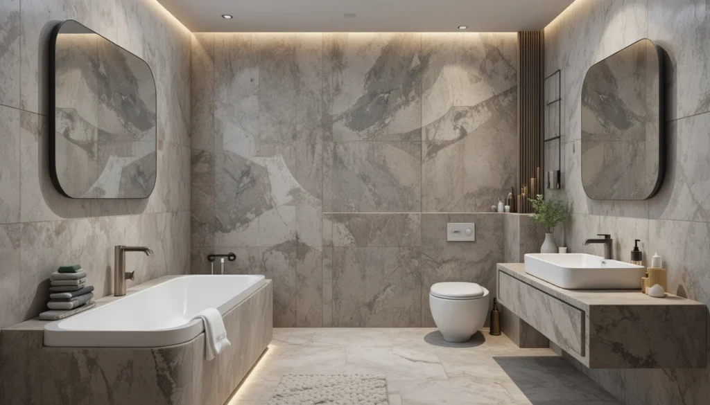 Luxury Bathroom & Shower Design Ideas 9 Bathroom with textured walls and stone finishes for a modern luxury effect.