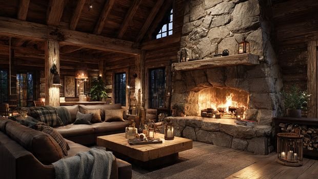 Rustic Cabin Interiors: Cozy, Natural & Timeless Home Design Inspiration 6 Cozy rustic cabin fireplace with stone surround and warm lighting.