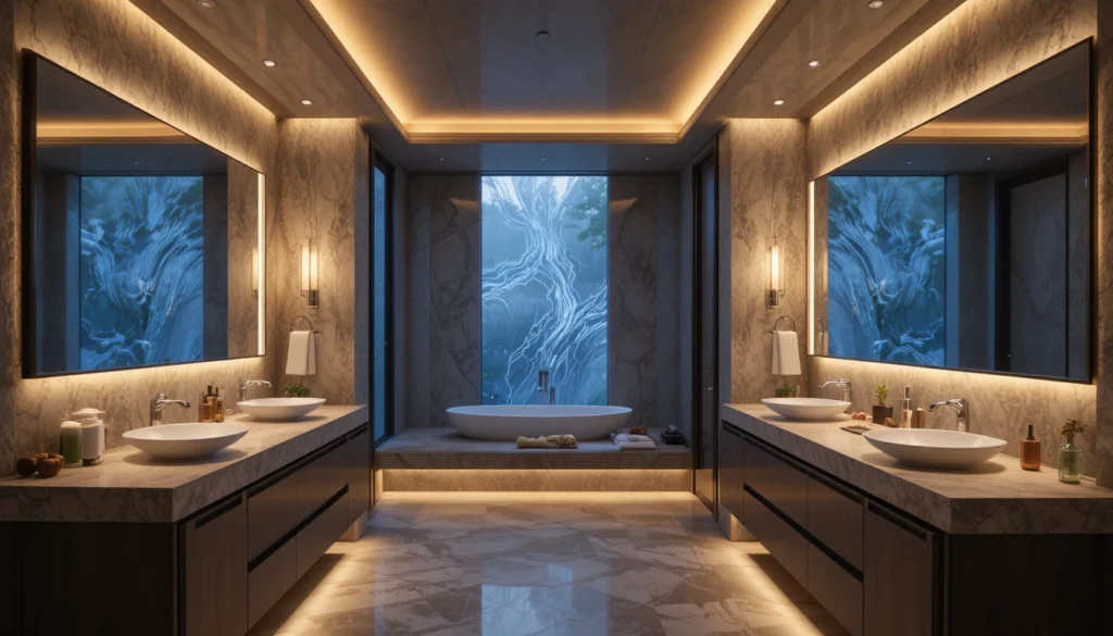 Luxury Bathroom & Shower Design Ideas 6 Luxury bathroom featuring ambient lighting with LED accents and warm tones.