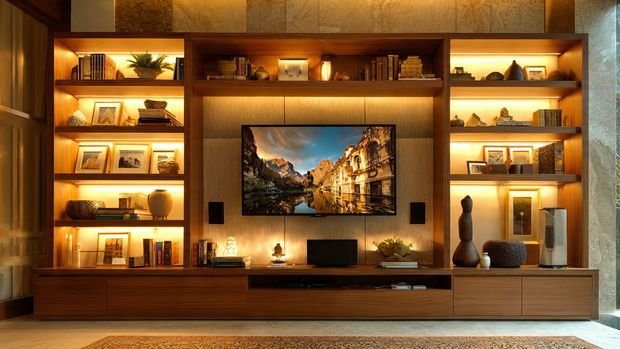 TV wall with open shelving, accent lighting, and modern decor elements.