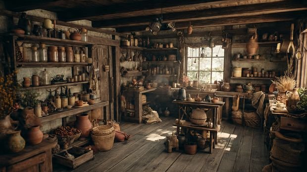 Rustic Cabin Interiors: Cozy, Natural & Timeless Home Design Inspiration 5 Rustic cabin decorated with vintage and handcrafted items like wooden furniture and pottery.