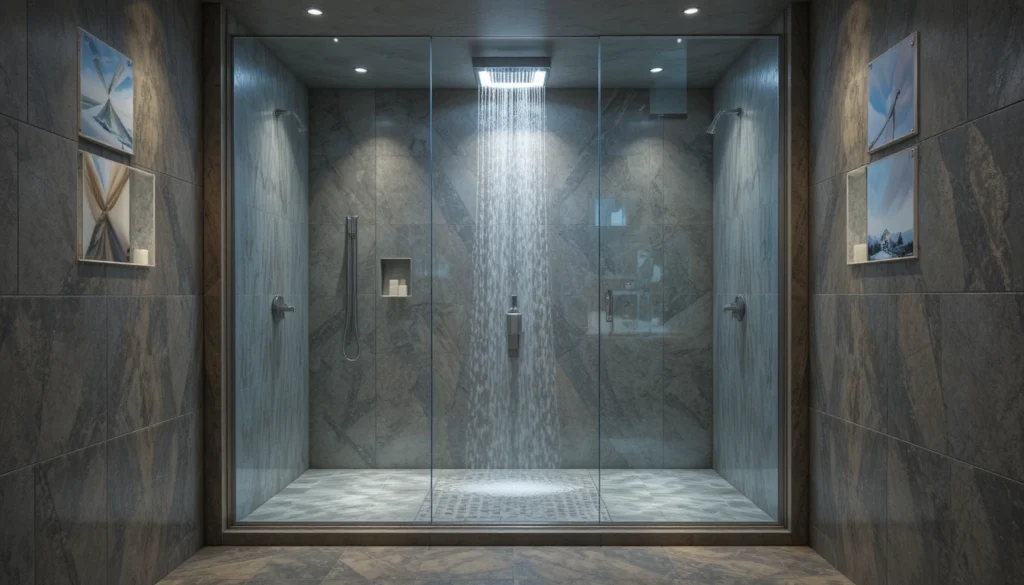 Luxury Bathroom & Shower Design Ideas 3 Walk-in shower with frameless glass enclosure and rainfall showerhead.