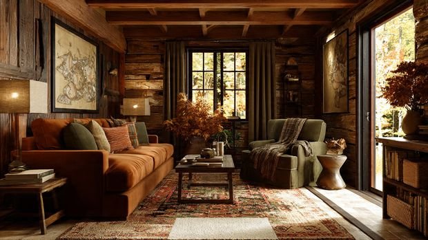 Rustic Cabin Interiors: Cozy, Natural & Timeless Home Design Inspiration 3 Rustic cabin interior with a warm earthy color palette featuring natural brown and beige tones