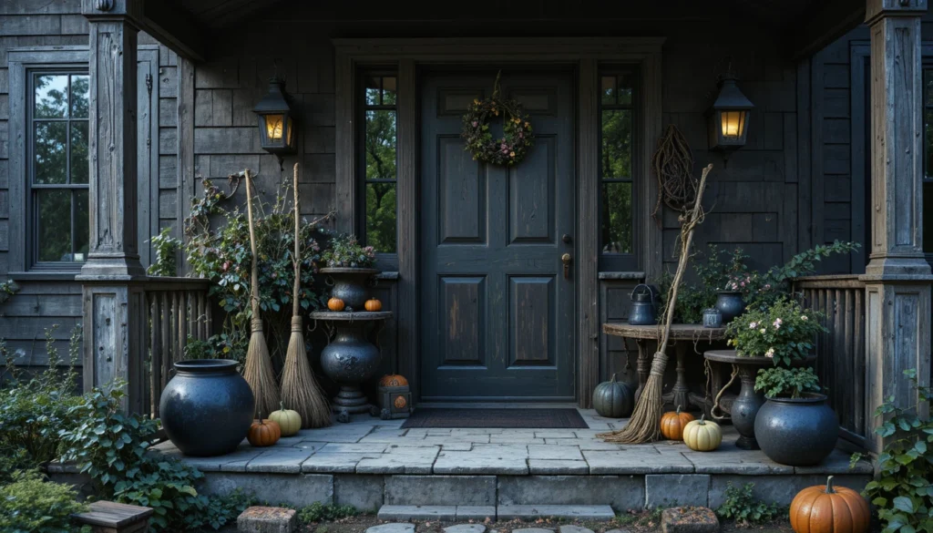 Witch-themed Halloween porch with broomsticks, cauldron, and green glow.