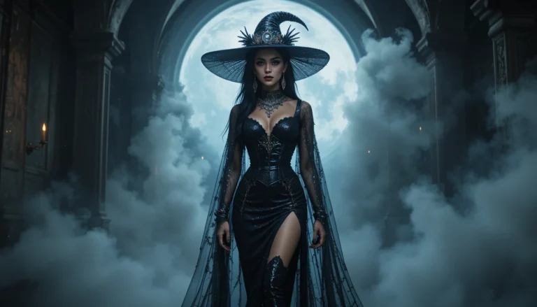 Stylish witchy glam Halloween outfit with lace dress, jeweled hat, and glowing makeup in a misty, magical setting.