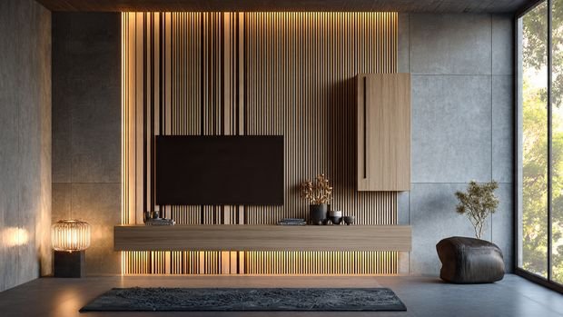 Modern wood panel TV wall with vertical slats and integrated lighting.